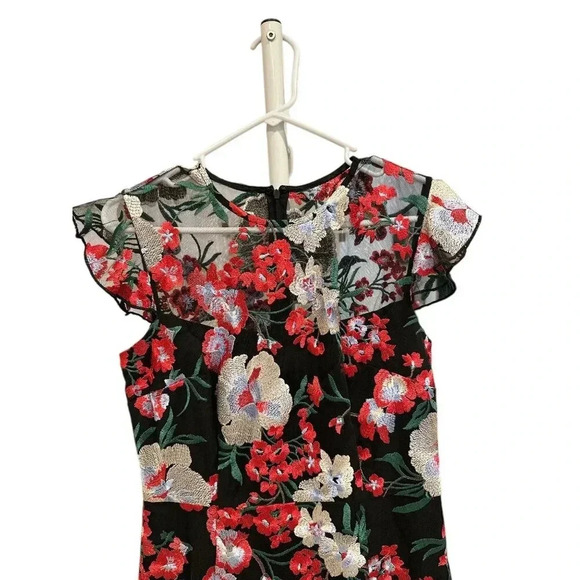 Donna Morgan Sheer Top Embroidered Floral Cocktail Dress Size 6, Pre-Owned - Picture 3 of 8